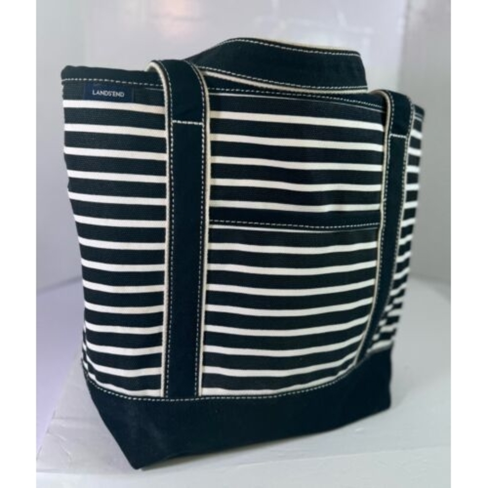 Lands End Med Heavyweight Canvas Boat And Tote Bag Open Top Black And White